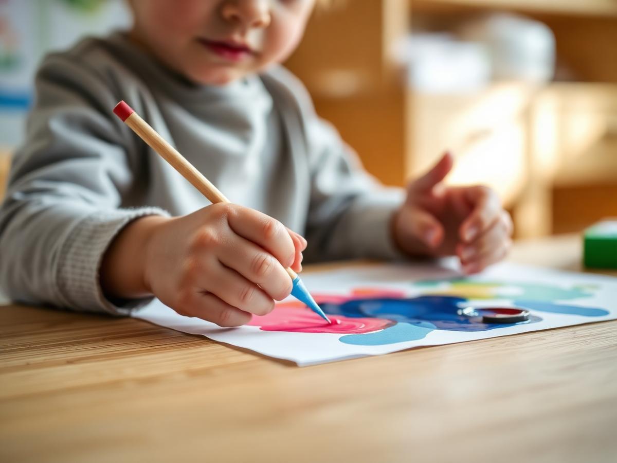 Child painting with watercolors at a wooden classroom table