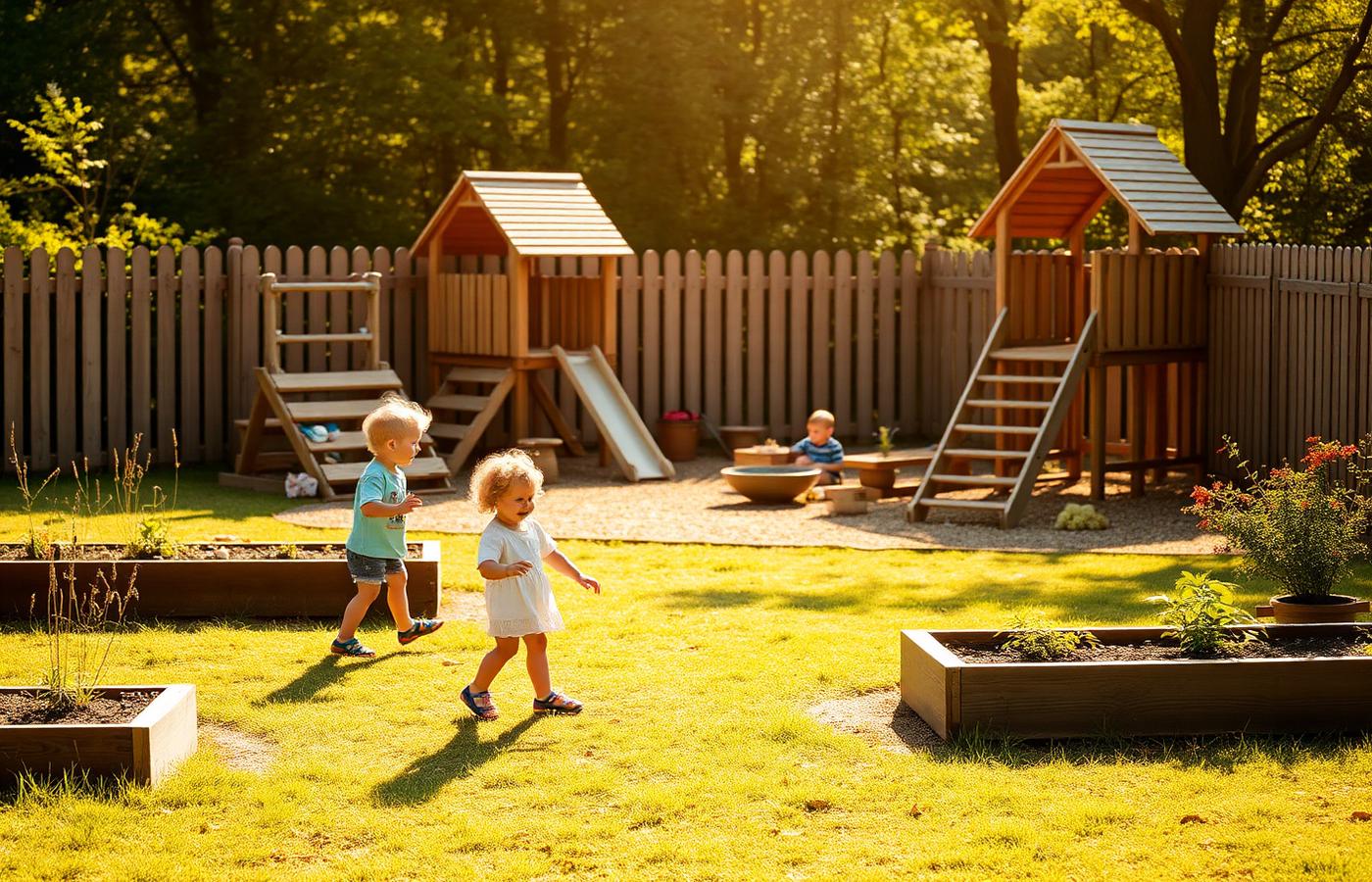 Children playing on wooden structures in the natural outdoor playground